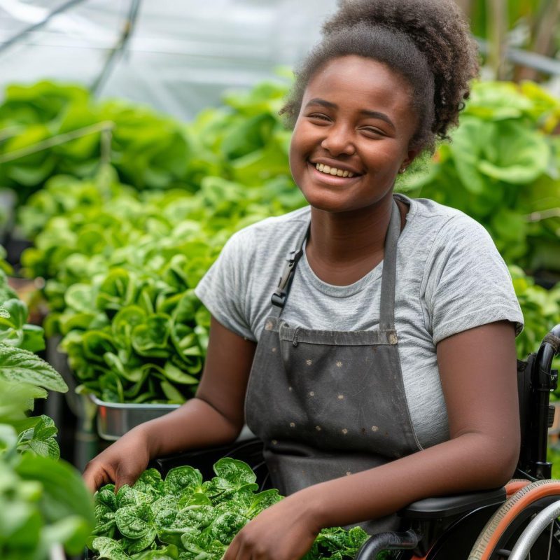 Une maraîchère souriante dans sa serre