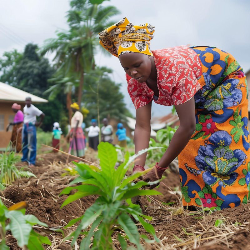 Un groupe d’agricultrices repiquant en plein champ