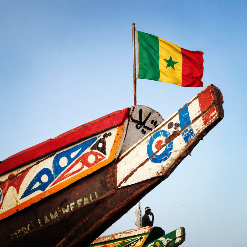 Une pirogue peinte portant le drapeau du Sénégal